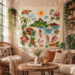 VIKAMA Hổ Vàng Hoa Treo Tường Thảm Bohemian Động Vật Rừng Trang Trí Hình Học Viền Hoa Trắng Lá Xanh Mộc Mạc Polyester