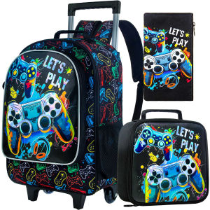 Ba Lô Có Bánh Xe Cho Bé Trai Kèm Túi Đựng Đồ Ăn Trưa Balo Đi Học Chất Liệu Polyester Phong Cách Preppy Khóa Kéo Dành Cho Bé 7-13 Tuổi