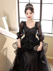 Elegant Black Evening Gown French Luxurious High-End Host Summer Ball Ceremony Long Sleeve Floor Length Korean Style Wedding Dress