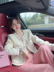 ชุดเสื้อและแจ็คเก็ตผ้ากำมะหยี่สีชมพูสุดหรูหรา ชุดสองชิ้น ทรงหลวม แขนยาว ปกกลม ฤดูใบไม้ร่วง 2023 แฟชั่นไซส์ใหญ่