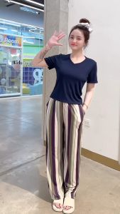 SET ĐỒ THUN GÂN ÁO CỔ TIM QUẦN SỌC DỌC MẶC NHÀ MẪ ĐƠN GIẢN PHÙ HỌP MỌI ĐỘ TUỔI MỌI HỌA ĐỘNG 2901