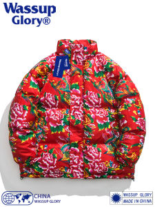 Wassup Glory Thickened Winter Cotton Jacket Mens Red Floral Print Coat Couples Warm Outerwear Long Sleeve Zipper Closure