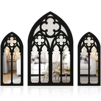 3 ชิ้น Gothic กระจกตกแต่งโค้งผนังกระจก Vintage Cathedral กระจกหน้าต่างในร่ม Accent ไม้กรอบกระจก Home Décor