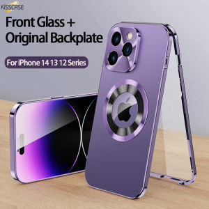 【Front Glass+Double Sided Buckle】KISSCASE 2-in-1 Case For iPhone 15 Pro Max 14 Plus 13 12 Alloy Metal Frame Original Backplate HD Glass Front Cover Magsafe Leakage Label Screen Glass Protector Camera Metal Frame 360° All inclusive Shell Back Cover