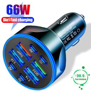 พอร์ต66W 8พอร์ต USB Type C ที่ชาร์จแบตในรถ PD อะแดปเตอร์ชาร์จโทรศัพท์ที่ชาร์จไฟบนรถยนต์อย่างรวดเร็วสำหรับ iPhone โทรศัพท์ชาร์จอย่างรวดเร็ว