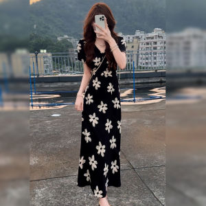 Homecore | French Elegant Floral Print Slimming V-Neck Long Dress Womens Summer Fashion Casual City Commute Outdoor Travel Streetwear