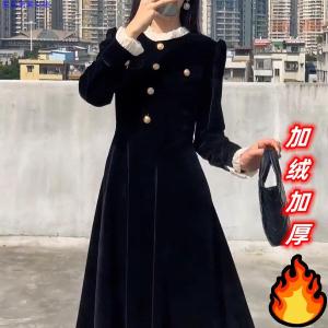 ชุดเดรสยาวผ้าฟองน้ำหนาสไตล์ฮีปซ์ เดรสสีดำสไตล์เก๋ไก๋สำหรับงานเลี้ยงชา ทรงเอ เดรสยาวคลุมเข่า กระโปรงทรงเอ