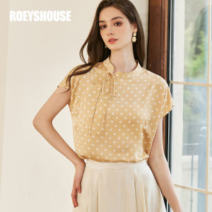 Roey s house | Elegant Mandarin Collar Tie Shirt Yellow Dots Satin Blouse