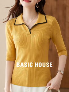 Basic House | Retro Elegance Yellow Collared Short Sleeve Slimming Knit Top