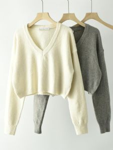 สไตล์อเมริกัน คอวี แขนยาว เสื้อสเวตเตอร์ นุ่ม ใส่สบาย หลวม ลำลอง ถักสั้น ผู้หญิง ด้านบน สตรีทสไตล์ โพลีเอสเตอร์ ไฟเบอร์