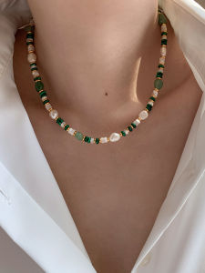 CAFFTI | Natural Freshwater Pearl Green Malachite Vibrant Colors Spring and Summer Necklace for Women