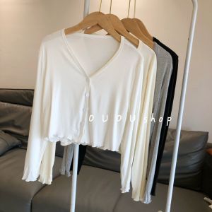 เสื้อคาร์ดิแกนสีเทาบางสำหรับผู้หญิง ฤดูใบไม้ร่วง 2024 แขนยาว คอวี ทรงหลวม สไตล์ทำงาน เสื้อคลุมกันหนาวสั้น ติดกระดุม