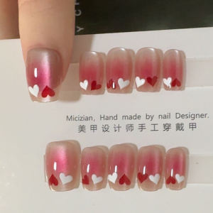 Double-Color Heart Cats Eye Nail Art Stickers Handmade Quick-Dry False Nails Wearable Nail Tips Pink Color Beauty Tools