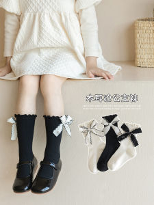 ถุงเท้าเด็กผู้หญิง ถุงเท้ากลางน่อง ผ้าฝ้ายแท้ ลายโบว์ผีเสื้อ ขอบไม้ ฤดูใบไม้ผลิและฤดูใบไม้ร่วง ถุงเท้าเด็กสไตล์เจ้าหญิง ถุงเท้าเด็กสไตล์เกาหลี