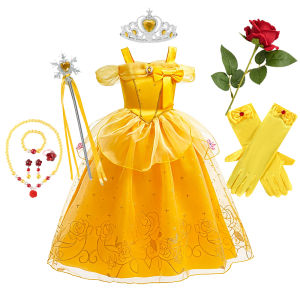 Belle Costume Girl Princess Yellow Dress Up Set Sleeveless Long Dress Crown Wand Gloves Earrings for Girls Halloween Birthday