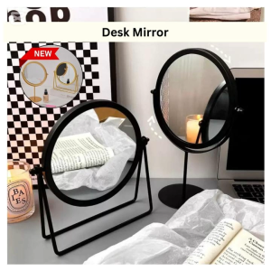 Ready Stock 360° Rotating Cosmetic Desk Mirror Stand Cermin Meja Skincare Makeup Table Simple Design Portable Stable Putar Adjustable Angle Bilik Tidur Meja Solek Cermin Tanpa Distorsi Darjah Pusing Ringkas Decor Aesthetic Kosmetik Office Black Gold Besi