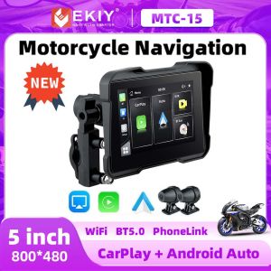 EKIY 5 inch Portable Motorcycle Display IPX7 Waterproof Monitor For Wireless Carplay Android Auto Dual Recorder Navigation