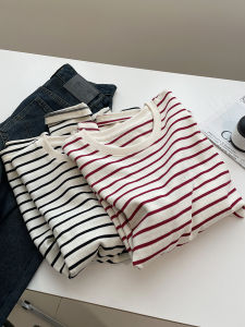 Casual Style Long Sleeve round Neck Striped T-Shirt Womens Cotton Spring Early Season Slimming Base Layer Shirt