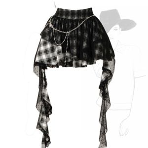 Váy Lưới Xếp Nếp Màu Đen Không Đều Cho Nữ Mùa Hè 2025 Váy Ngắn Xếp Ly Phong Cách Y2K Cổ Điển Váy Midi Cổ Điển