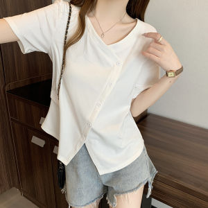 plus Size Womens French Style V-Neck Asymmetric Short Sleeve T-Shirt Summer Slimming Meat Covering Top Commute Casual Polyester Cotton Blend