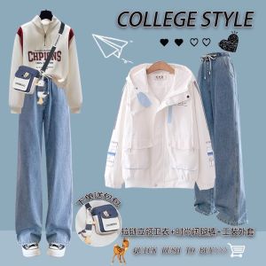 ชุดสองชิ้นสไตล์นักเรียนวิทยาลัยฤดูใบไม้ผลิสำหรับเด็กผู้หญิง ชุดสเวตเตอร์คอตั้งแขนยาวผ้าฝ้าย ชุดสองชิ้น ชุดแฟชั่นวัยรุ่น