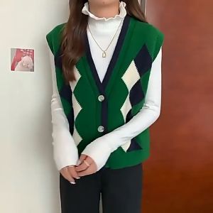 Áo Gile Len Dệt Kim Họa Tiết Hình Thoi Vintage Áo Len Không Tay Dáng Xuông Cá Tính Thời Trang Thu Đông - Mã TA039