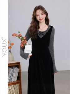 YOUXIANG | Đầm Cổ V Dây Rút eo Cao Kiểu Retro Mới Xuân