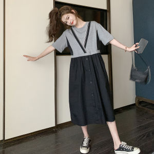 Korean College Style Womens Dress Summer New round Neck Splice Color Block Loose Slimming Skirt Casual Style Long A-Line Dress