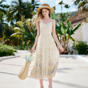 XIANGYING | French Elegant V-Neck High-Waist Lace-Up Yellow Slip Dress New Style