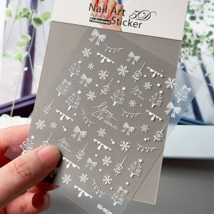 สติกเกอร์ติดเล็บลายคริสต์มาส 5D สีขาว 1 ชิ้น ลายเกล็ดหิมะ ต้นสน โบว์  แบบลอกติดเอง สำหรับตกแต่งเล็บลายคริสต์มาสฤดูหนาว