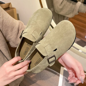 Sanxi Same Genuine Leather Boken Womens Shoes Thick Sole Cork Closed Toe Half Slippers Slip-on Plus Size 41-43 Birkenstock Shoes