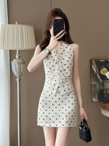 SUYE | Slimming Waist V-Neck White Polka Dot Sleeveless Summer Dress