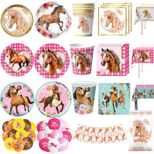 Miniso | Horse Theme Party Decoration Tableware Tablecloth Cup Plate Napkin Gift Bag Balloon Horse Cake Topper Kids Party Favors Supplies
