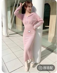 ●ECLAIRE● 043 Dress Midi Hoodie Bertudung kupluk Knit Rajut Lengan Panjang Longsleeves zipper Bodycon Kasual Casual Basic Korea Import aimg