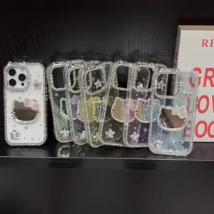 3D Cartoon Cat Mirror Transparent Pink Star Hard Case for iPhone 11 12 13 14 15 16 Pro Max Casing Inlaid Rhinestone Fence Border Fall Protection Cover for iPhone 11 Case