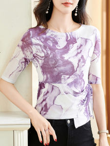 Womens Long Sleeve T-Shirt Mesh Watercolor Painting Irregular Waist-Cinching Top Commute Vintage Print Splice Asymmetrical