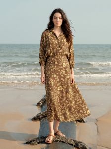 Basic House | Yellow Hemp Printed A-Line Summer Dress for Women