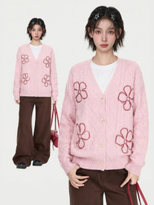 KBVVR | Pink V-Neck Floral Long Sleeve Knit Cardigan