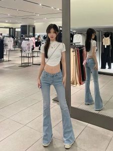 กางเกงยีนส์เอวต่ำผ้ายืดใส่แล้วดูผอมเพรียวชายรุ่ยๆสไตล์สาวแซ่บสไตล์ยุโรปและอเมริกากางเกงขากระดิ่งแบบลากพื้นแนววินเทจแฟชั่น INS สำหรับฤดูใบไม้ร่วง