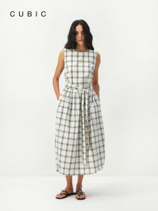 Vintage Check Sleeveless Round-Neck Tie Dress