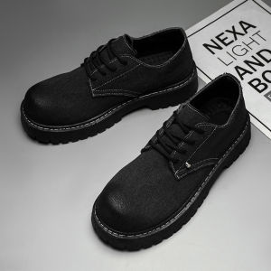 Mens Pure Black Derby Shoes Low Cut Canvas Casual Workwear Martin Boots Breathable Summer High Resilience Comfortable Size 45 46