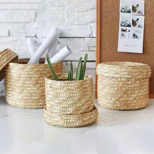 1Pc Handmade Straw Woven Storage Basket With Lid Snack Organizer Storage Box Laundry Baskets Rattan Storage Flower Basket