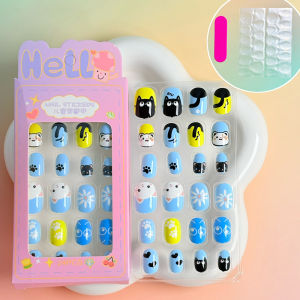 24Pcs/Box Lovely Black White Cat Heart Fake Nails Full Cover False FingertipsCartoon Animal Short Round Press On Nail for Kids