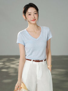 Classic V-Neck Linen Casual T-Shirt Slim Fit