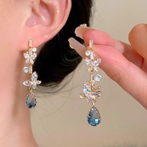 French Blue Waterdrop Butterfly Pendant Tassel Earrings Womens High-End Design Fashionable New Style Versatile Ear Jewelry