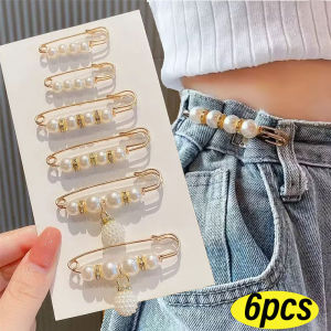 6ชิ้น/เซ็ตไข่มุกเข็มขัดเอวเข็มกลัดเสื้อคลุมเอวกางเกงยีนส์มีกระดุมผู้หญิงตะขอเสื้อสเวตเตอร์ตกแต่ง Jepit Pakaian กันตก