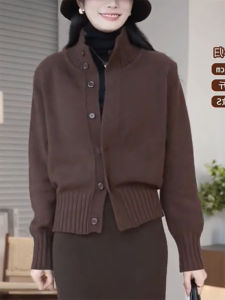 QINGNAER | Vintage Brown Stand Collar Button Long Sleeve Lazy Style Slim Knitted Cardigan