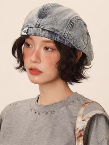 Retro Washed Denim Beret Hat Womens Face Slimming Cap Street Style Duckbill Boy Scout Hat Adjustable round Top Cotton Hat