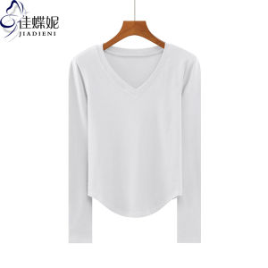 Loose Long Sleeve V-Neck Womens T-Shirt Korean Style Pure Cotton Base Shirt Spring Autumn New Arrival Solid Color Top