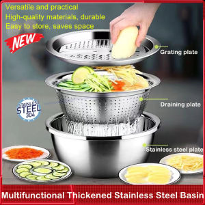 3PCS Set Stainless Steel Kitchen Grater Strainer Basin Set Multifunctional Vegetable Cutter Slicer Drain Basket Julienne Graters Peeler Salad Maker Bowl